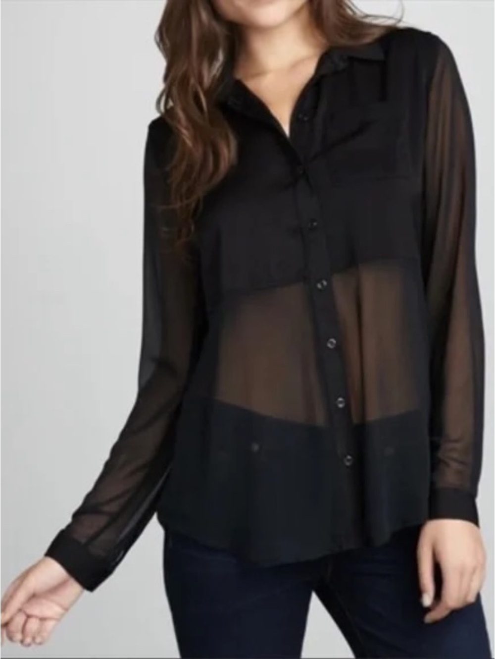 Free People Best of Both Worlds Sheer Button Down Blouse Top Black S